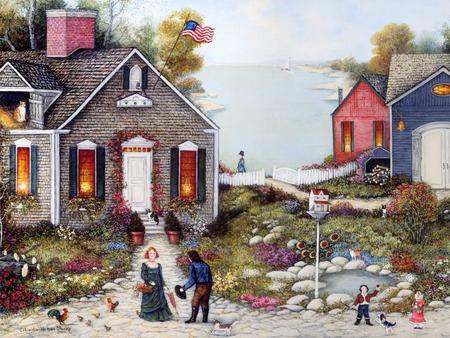 On The Bay - houses, people, pretty, children, gardens, flowers, playing, sea