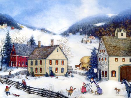 Winter Fun - hills, winter, fences, snow, children, houses, playing