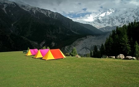 Great View - tent, sky, trees, peaceful, camp, colorful, great, mountains, rocks, view, clouds, green, tents, grass, camping, landscape, nature, snow, beautiful