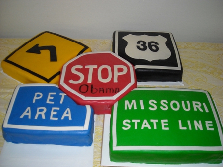 Yummy Signs Made Out of Cake - highway cake, turn left cake, state line cake, pet area cake, stop sign cake