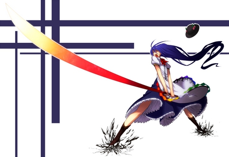 Hinanawi Tenshi - red eyes, touhou, hat, anime, violet hair, sword, hinanawi tenshi