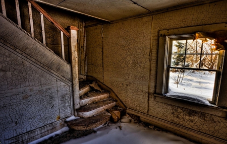 ABANDONED SNOW HOUSE - house, winter, window, snow, abandoned, ice, staircase, old, broken