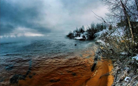 BEAUTIFUL WINTER - ice, ocean, beach, trees, winter, mist, snow, fog, sand