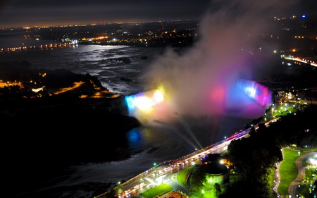 Niagra falls - water, waterfall, lights, city, niagra falls