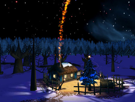 Christmas Night - chimney, house, winter, lights, smoke, magical