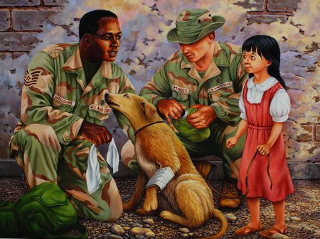 Compassion - girl, help, dog, injured, soldiers