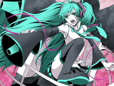 Hatsune Miku - vocaloid, twintails, hot, beauty, cool, megaphone, aqua, miku, red, cute, hatsune, aqua hair, beautifull, vocaloids, sexy