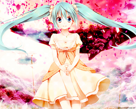 Hatsune Miku - twintail, colorful, flower petals, pretty, petals, anime, miku, cute, hatsune miku, girl, blue eyes, vocaloids, hatsune, red, vocaloid, beautiful, dress