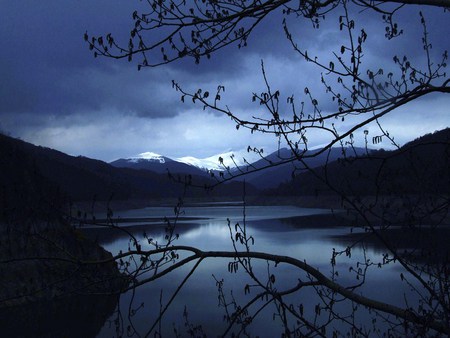 Blue calm - lake, water, evening, hills, branches, blue, calm