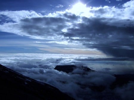 View from the peak - peak, clouds, blue skies, mountain, sun