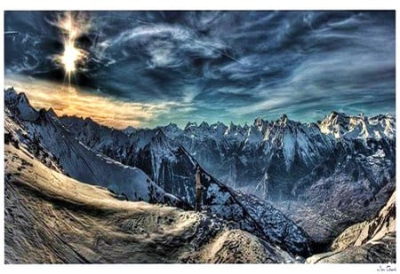 Morning mountain - clouds, rugged, snow, sunrise, mountains, peaks