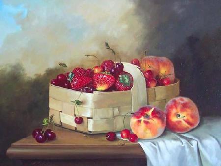 Basket of Delicious Fruit - cherries, strawberries, basket, cloth, painting, table, peaches