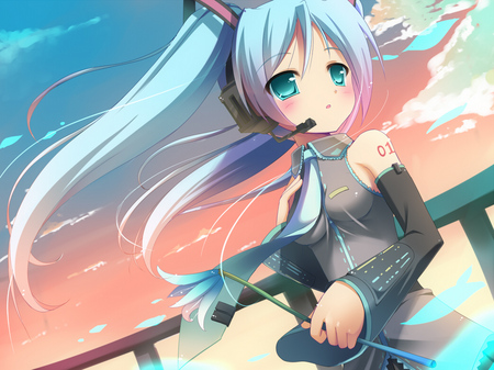 Hatsune Miku - sky, sun, headset, twintail, sunset, leek, pretty, clouds, anime, miku, cute, hatsune miku, vocaloids, hatsune, vocaloid, beautiful, negi, tie