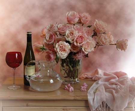 still life - roses, pink, photo, wine, nice, vase, hyacinths, water, photography, beauty, cool, still life, flower bouquet, flower, jug, harmony, scarf, glass