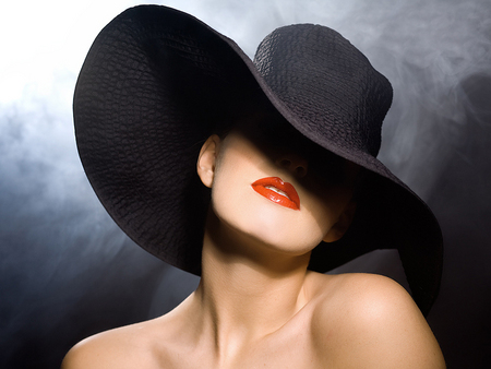 woman - female, charming, red, lip, hidden, women, hat, person, beautiful, hot, sensual, photography, portrait, beauty, red lips, black, fantasy, lips, lady, woman, model, sexy, mysterious, lipstick