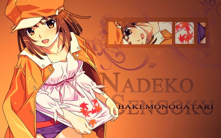 Sengoku Nadeko - hat, brown eyes, anime, bakemonogatari, brown hair, sengoku nadeko