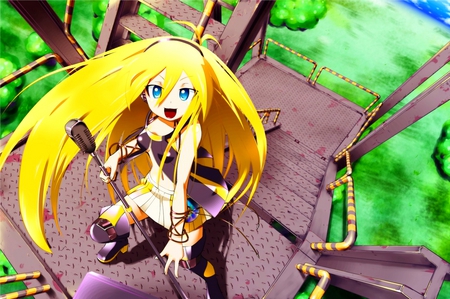 Vocaloid Lily - vocaloid, anime, stairs, aqua eyes, yellow hair, lily