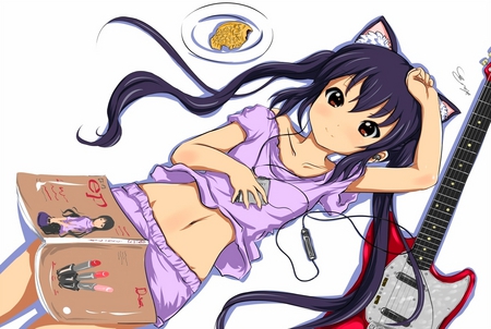 Nakano Azusa - azusa, nakano azusa, guitar, k-on, anime, book, cute, cat ears