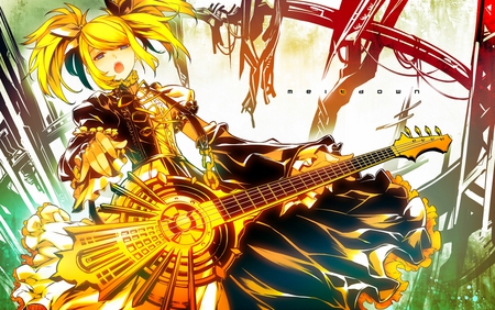 Kagamine Rin - guitar, gold hair, rin, kagamine rin, vocaloid, blue eyes, anime, twintails