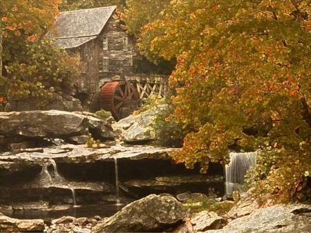 Mill In the Woods - autumn, trees, waterfalls, stones, wheel, mill