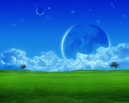 Dreaming - moon, cloud, grass, tree, grassland