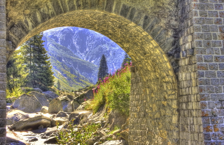 Summer, Alps - trees, summer, amazing, beautiful, landscape, mountain, stones, sightseeing, nature, colored, alpes, color, switzerland, bridge