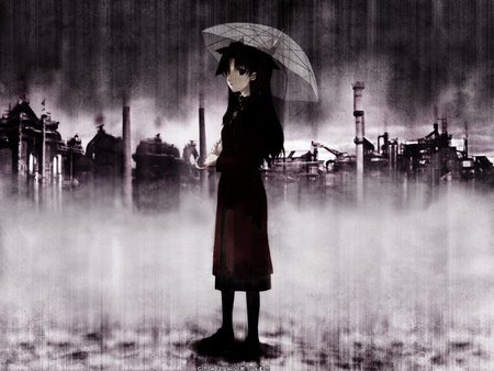 Under rain - black and white, girl, umbrella, rain