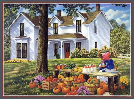 from my garden - woman, pumkins, table, basket, house