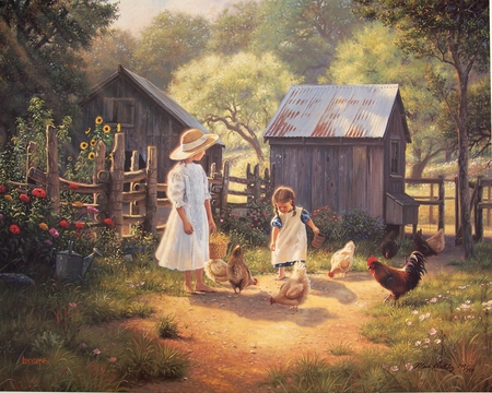 country girls - chicken, farm, flowers, shed, barn