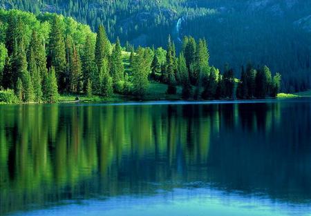 Nature's colors - sky, forest, water, reflection, trees, blue, green