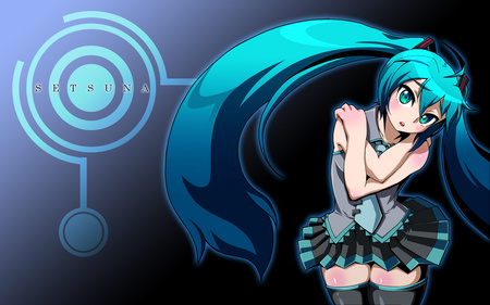 Hatsune Miku - aqua, hot, aqua hair, anime, miku, cute, hatsune miku, skirt, sexy, twintails, blushing, thigh high, vocaloids, hatsune, vocaloid, blue, blush