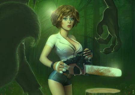 The girl, the chainsaw ... - horror, chainsaw, girl, monster