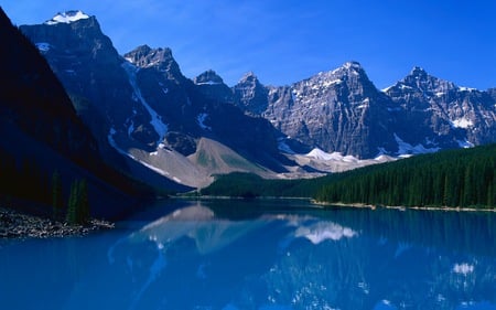 Lake Reflections - slides, forest, rock, gravel, water, alpine, beauty, blue, natural, mpuntains, beaches, skies, snow