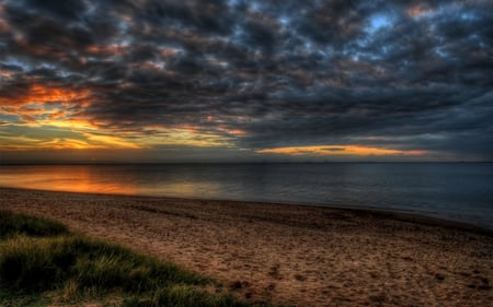 Sunset in Scarborough - calm, clouds, beautiful, beaches, sea, grass, colors, nature, twilight