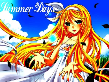 Kagamine Rin - sky, yellow hair, white, yellow, kagamine, rin, pretty, clouds, anime, cute, kagamine rin, girl, white dress, summer, vocaloids, beautiful, vocaloid, leaves, dress