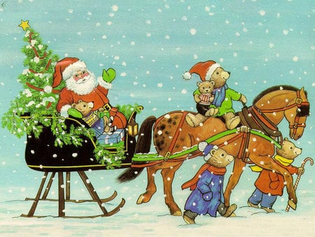 Santa - santa, horse, presents, sled, helpers, christmas