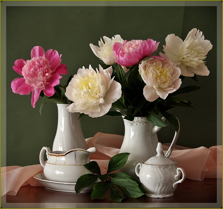 still life - cream, porcelain, yellow, 2011, pink, photo, flowers, peony, nice, sugar and cream, vase, beautiful, photography, tea, cool, flower, bouquet, jug, peonies, white, green, time