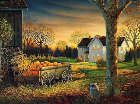 autumn  wagon - fall, house, milkcan, harvest, wagon