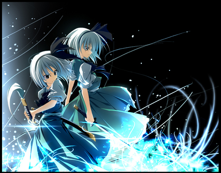 Because two are better than one - touhou, konpaku youmu, katana, ribbon, sword, myon, short hair, white hair