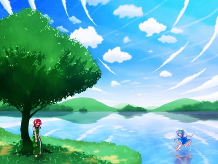 Touhou Lake - sky, touhou, lake, panorama, water, hong meiling, tree, cirno