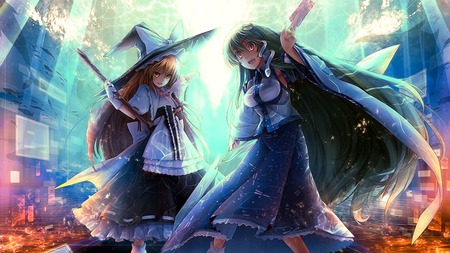 Let's look cool~ - ice, witch, miko, touhou, kochiya sanae, fire, kirisame marisa