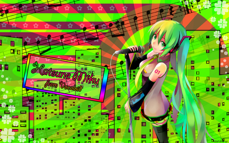 Hatsune Miku - pretty, anime, vocaloid, twintail, hatsune miku, song notes, microphone, flowers, notes, beautiful, girl, city, miku, green, cute, hatsune, headset, vocaloids