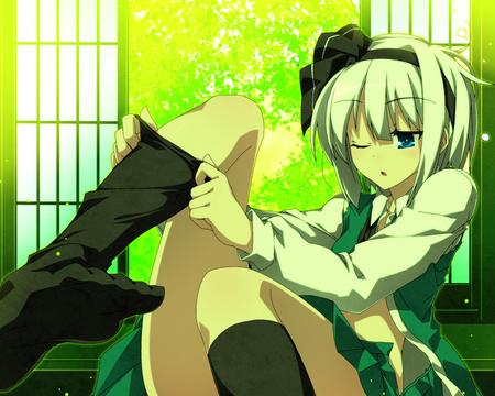 Sexy Youmu - short hair, stockings, touhou, legs, ribbon, konpaku youmu, sexy, white hair