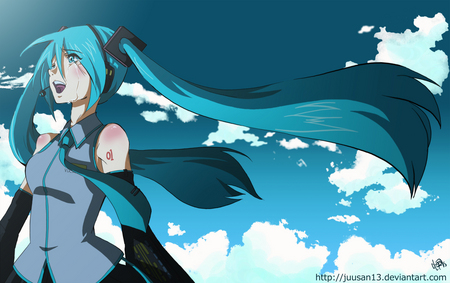 Hatsune Miku - The Disappearance of Hatsune Miku - miku, hatsune, cute, beautiful, vocaloids, the disappearance of hatsune miku, crying, white, pretty, vocaloid, anime, twintail, blue, sky, clouds, tie, sad, hatsune miku