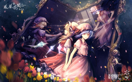 the art of siblings - paint, remilia scarlet, touhou, art, flandre scarlet, flowers, blood