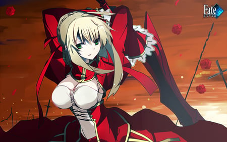 Saber - saber, anime, red dress, sword, blonde hair, green eyes, fate stay night, fate extra