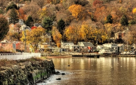 Village - autumn, trees, peaceful, road, rocks, river, tree, house, birds, hill, houses, lake, landscape, anture, nature, village, pier, town, beautiful, colors