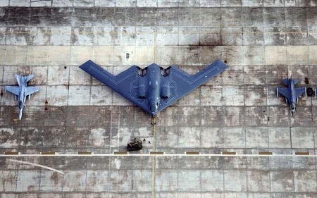 stealth bomber below - plane, aircraft, blue, military, bomber