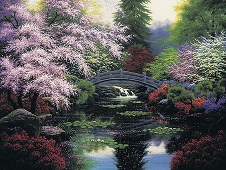 beauty is in the eyes of the beholder - colorful, lake, bridge, flowering trees