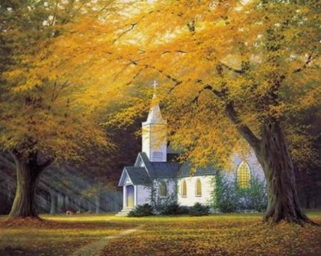 little white church - season, england, autumn, colorful, lovely, nature, white, church, beautiful, splendor, color, little